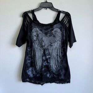 Vintage Ransom Fairy Grunge Rhinestone Wing Heart Lace Hem Goth Alt Top XL